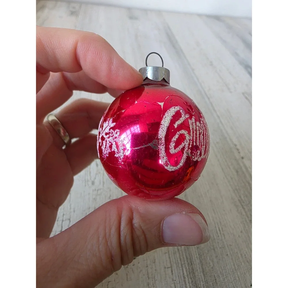 Vintage seasons greetings stencil red glass ornament Xmas tree